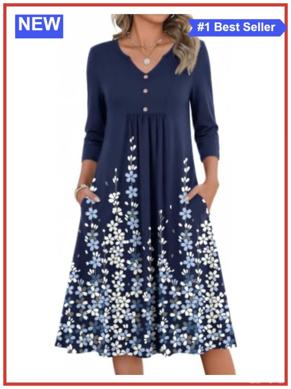 Zeagoo Womens 3/4 Sleeve V-Neck A-Line Midi Dress with Pockets Casual